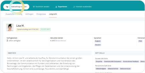 Interne ZNAPP-Ansicht mit passenden Kandidat:innen und der Möglichkeit, mit einem Klick Kontakt aufzunehmen.